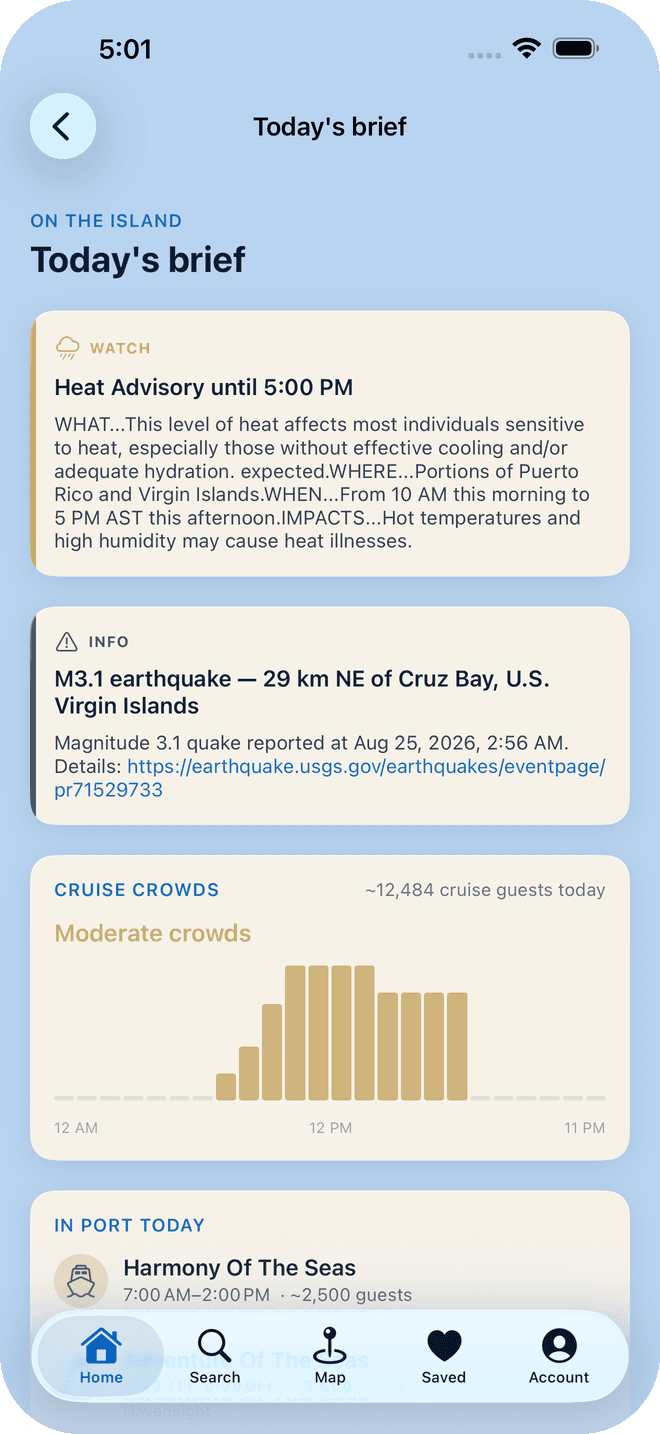Today's brief with weather alerts and cruise crowd chart