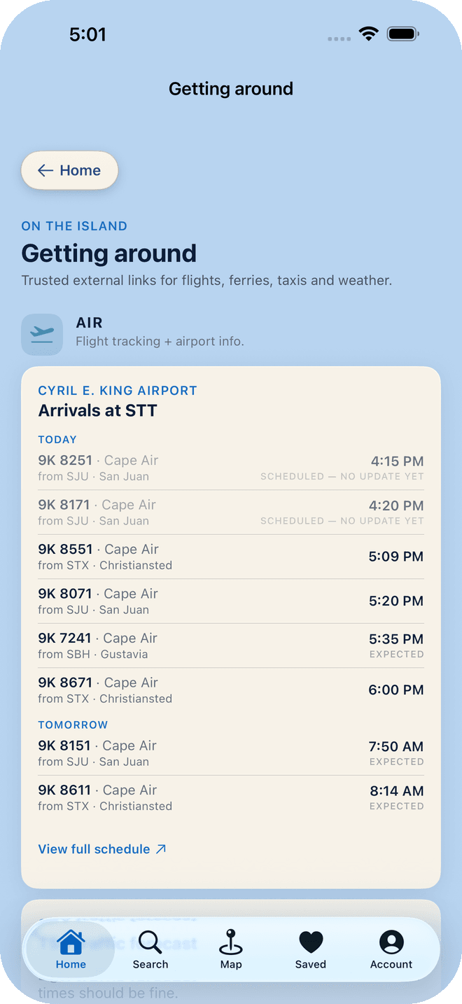 Getting around screen with live airport arrivals