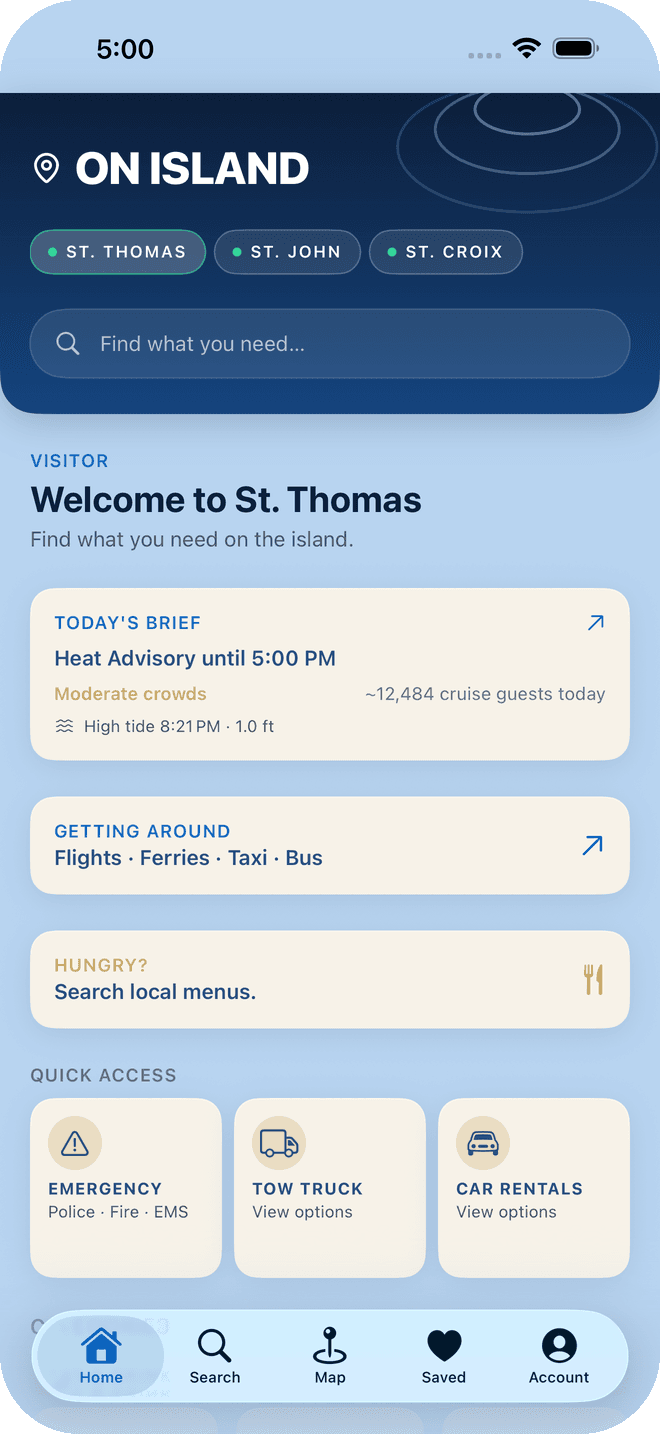 Home screen with island switcher, today's brief and quick access