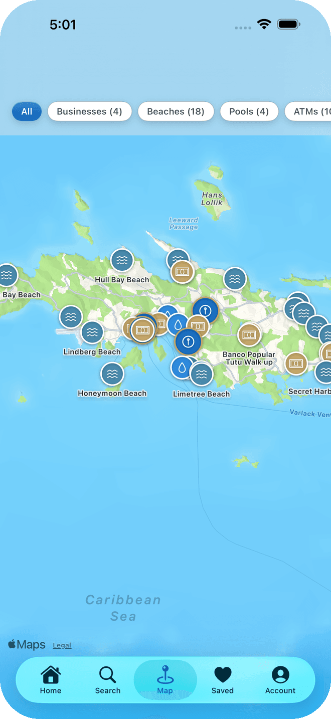 Map of St. Thomas with beach, pool and business pins