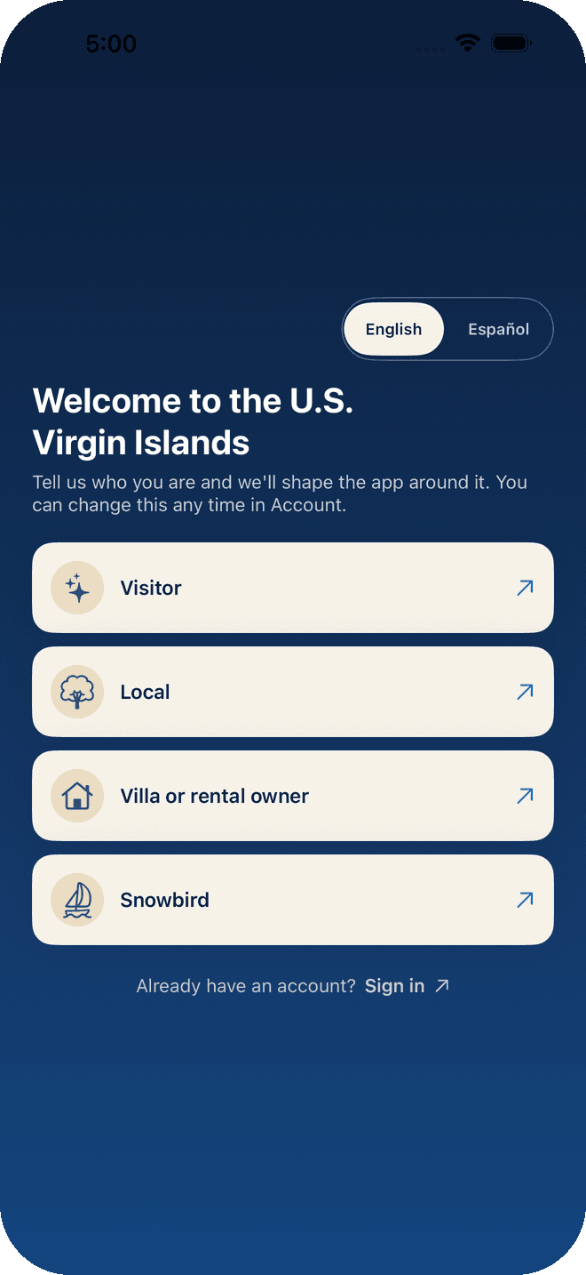 Welcome screen asking whether you are a visitor, local, villa owner or snowbird