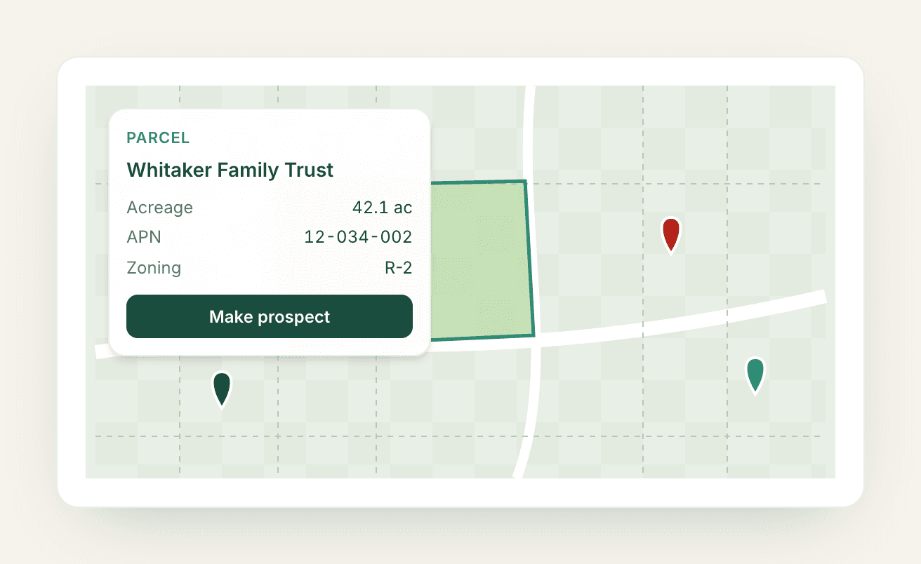 Parcel card on the prospecting map showing owner, acreage, APN and zoning