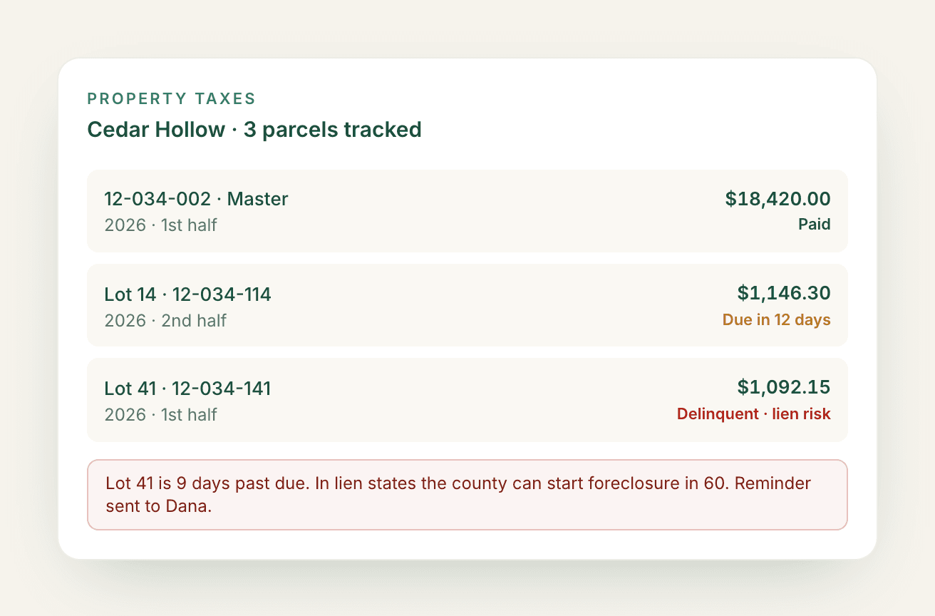 Property-tax tracker listing parcels with paid, due and delinquent bills